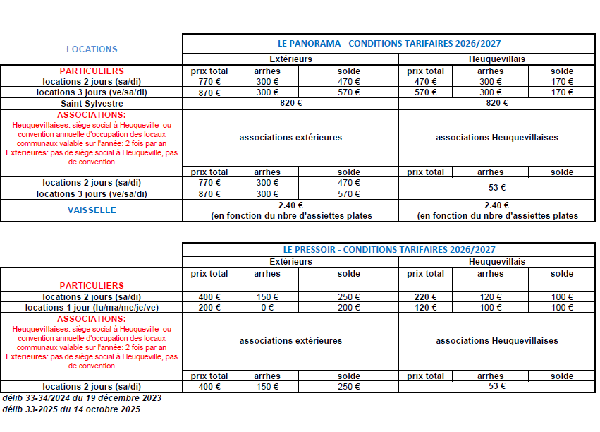 tarifs salles communales 2026-2027