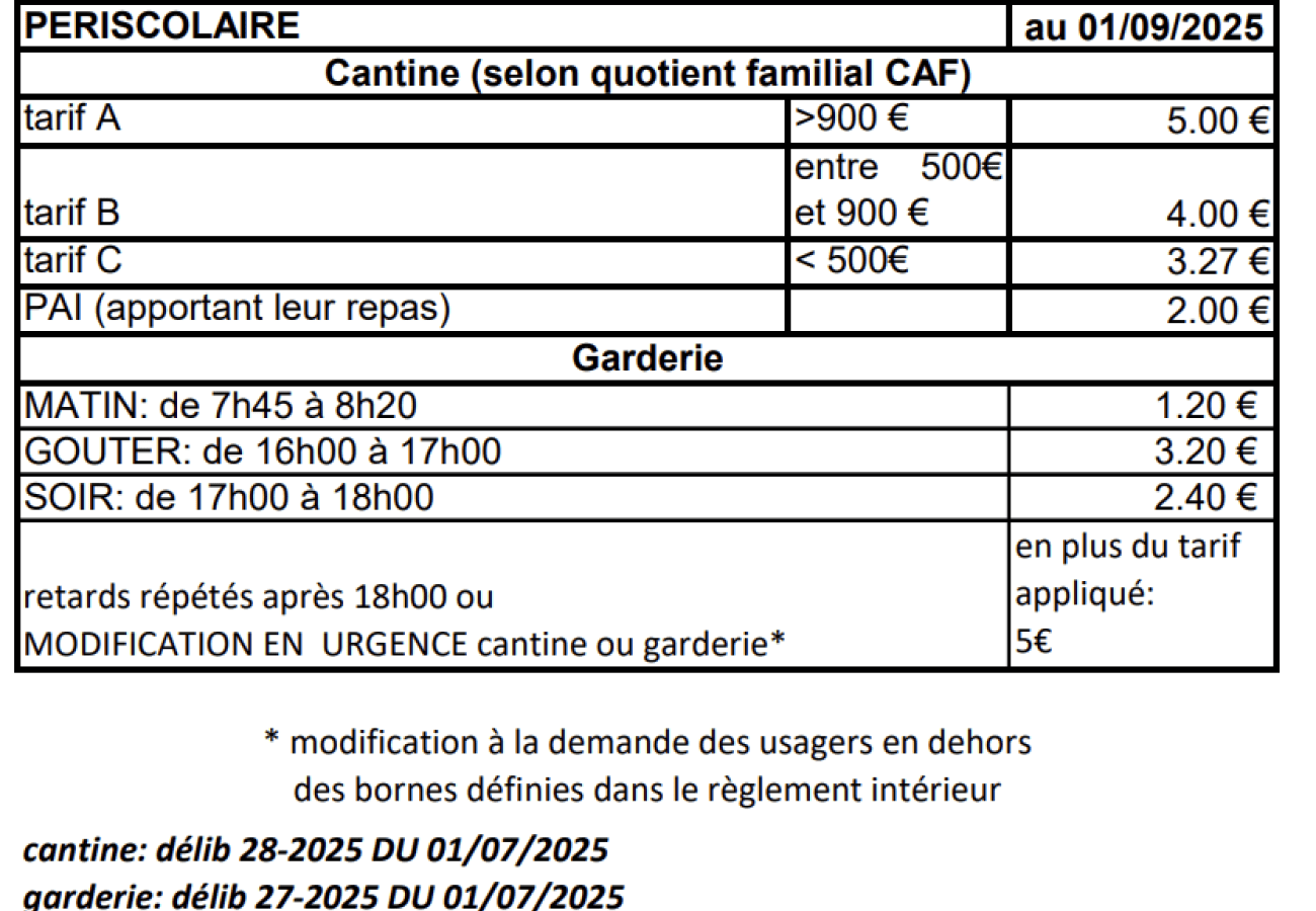 tarifs 2025/2026